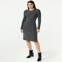 Бесплатно склопување женски мешан ребро џемпер миди фустан со долги ракави