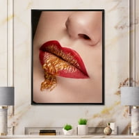 DesignArt 'Затвори усни со злато и црвена шминка' модерна врамена платно wallидна уметност печатење