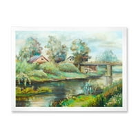 DesignArt 'Рустикален пејзаж со мост на реката' Езерото куќа врамени уметнички принт
