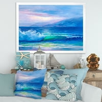 DesignArt 'Сини бранови кои кршат на пејзажот на плажа II' Наутички и крајбрежен врамен уметнички принт