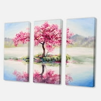 Ориентална цреша розова дрво Сакура на езерското сликарство платно уметничко печатење