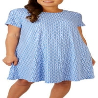 Midtionенски маргаритки со краток ракав маица фустан средно сино